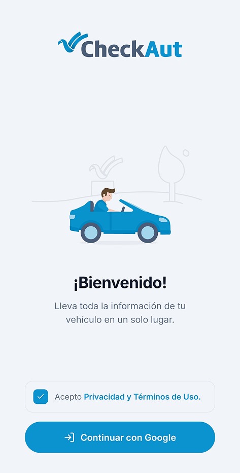Pantalla de bienvenida: Todo tu vehículo en un solo lugar, con el acceso con Google.